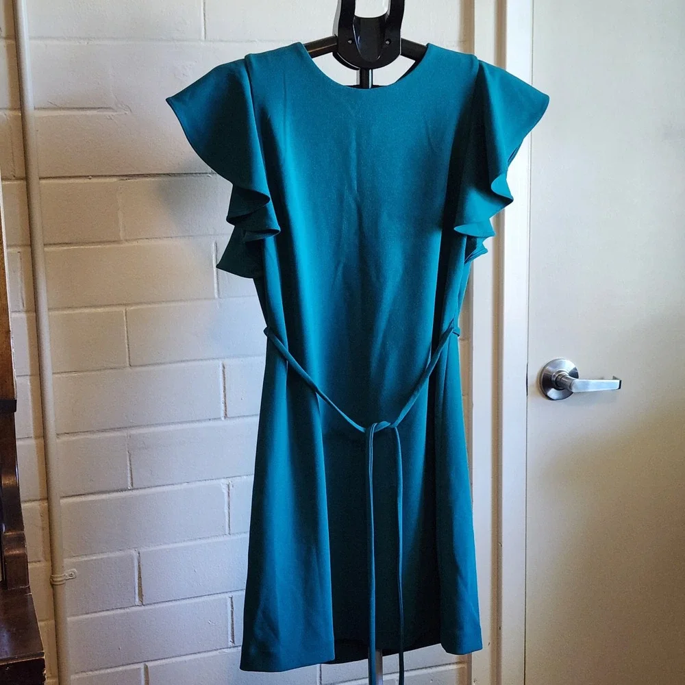 Calvin Klein Womens Teal Ruffle Sleeve‎ Sheath Dress Size 10 Belted Knee Length